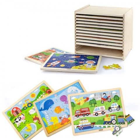 Viga Zestaw Puzzle drewniane 12 układanek po 24 el. na stojaku Viga Toys Viga Zestaw Puzzle drewniane 12 układanek po 24 el. na stojaku Viga Toys