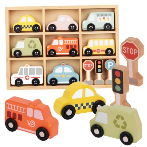 TOOKY TOY Zestaw Drewnianych Pojazdów i Znaków Drogowych w Pudełku Tooky Toy TOOKY TOY Zestaw Drewnianych Pojazdów i Znaków Drogowych w Pudełku Tooky Toy