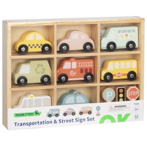 TOOKY TOY Zestaw Drewnianych Pojazdów i Znaków Drogowych w Pudełku Tooky Toy TOOKY TOY Zestaw Drewnianych Pojazdów i Znaków Drogowych w Pudełku Tooky Toy