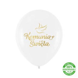 Balony komunijne biodegradowalne Komunia Święta biało-złote 12cali 100szt. 128886 Party PAL - STOJAKI , BALONY,