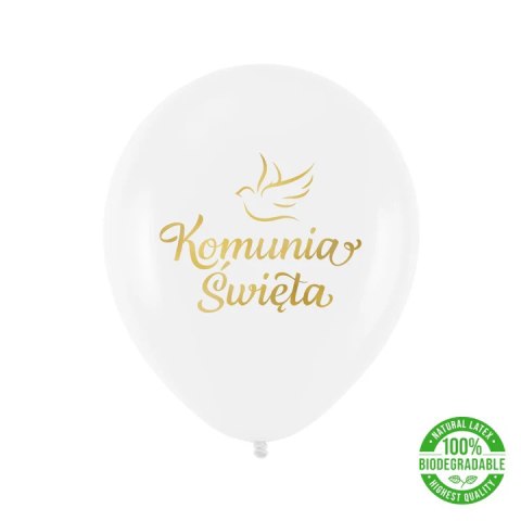 Balony komunijne biodegradowalne Komunia Święta biało-złote 12cali 100szt. 128886 Party PAL - STOJAKI , BALONY,