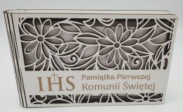 Banknotówka na pieniądze 10 x 15,5cm ażur biała KOMUNIA ŚW IHS CARGO-anioły