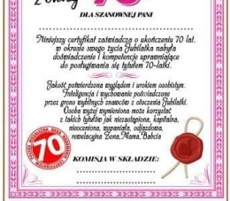 Dyplom certyfikat 70 lat Pani | D81 AARON-humor