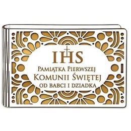 Pudełko na pieniądze banknotówka KOMUNIA - od BABCI i DZIADKA - Ażur 3302A-KOM3Z-BD CARGO-anioły