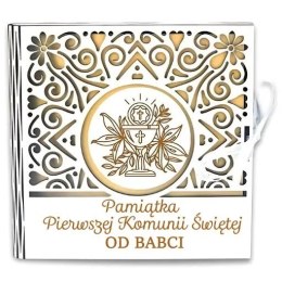 Pudełko na pieniądze kwadrat KOMUNIA - od BABCI - Ażur 3308A-KOM1Z-B CARGO-anioły