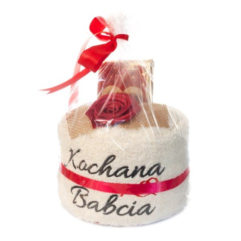 Ręcznik ecru z haftem "Kochana Babcia" + słodycze DIL Ręcznik ecru z haftem "Kochana Babcia" + słodycze DIL