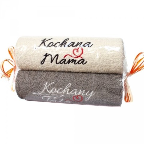 Ręczniki ecru i szary cukierek z haftem "Kochana Mama Kochany Tata " DIL Ręczniki ecru i szary cukierek z haftem "Kochana Mama Kochany Tata " DIL