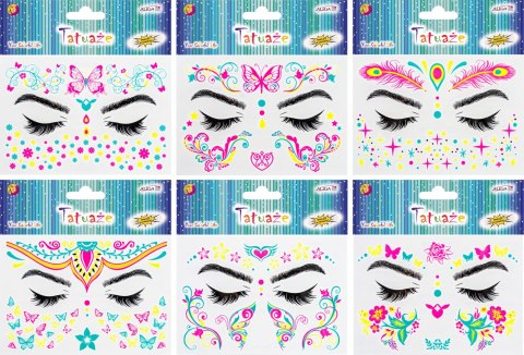 Tatuaże do twarzy świecące w świetle UV rozm. 15 x 10,5cm, mix wzorów TAT-6744 ALIGA Tatuaże do twarzy świecące w świetle UV rozm. 15 x 10,5cm, mix wzorów TAT-6744 ALIGA