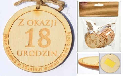 Zawieszka drewniana lub do przyklejenia z tekstem "Z okazji 18 urodzin" 10 szt. OZD-1 GAJO-torebki ,serwetki Zawieszka drewniana lub do przyklejenia z tekstem "Z okazji 18 urodzin" 10 szt. OZD-1 GAJO-torebki ,serwetki