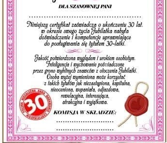 Dyplom certyfikat 30 lat Pani | D45 AARON-humor Dyplom certyfikat 30 lat Pani | D45 AARON-humor