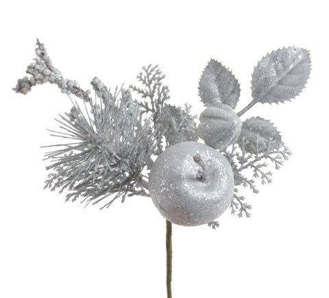 Pik brokacony z jabłuszkiem - sztuczna gałązka 18cm. Srebrny 162CAN464 CANEA Pik brokacony z jabłuszkiem - sztuczna gałązka 18cm. Srebrny 162CAN464 CANEA